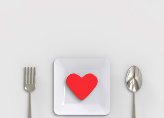 3d rendering. Red heart shape on white ceramic dish plate with set of fork and spoon on white table