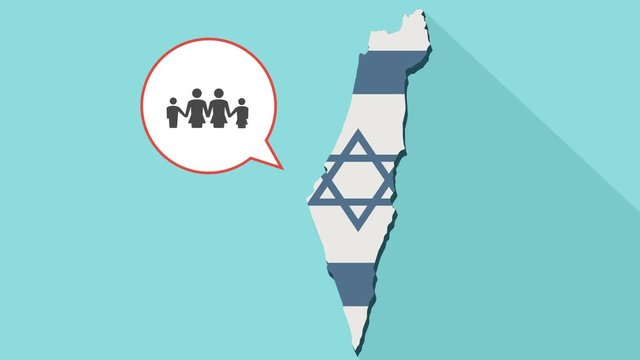 Animation of a long shadow Israel map with its flag and a comic balloon with a lesbian parents family pictogram