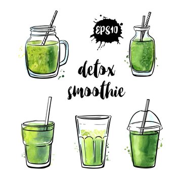 Set of vector illustrations Detox smoothie. Collection of hand drawn cups, mugs and glasses with healthy summer cocktails. Black outline and green watercolor stains isolated on white background.