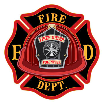 Fire Department Cross Volunteer Red Helmet is an illustration of a fireman or firefighter Maltese cross emblem with a red volunteer firefighter helmet and badge in the foreground.