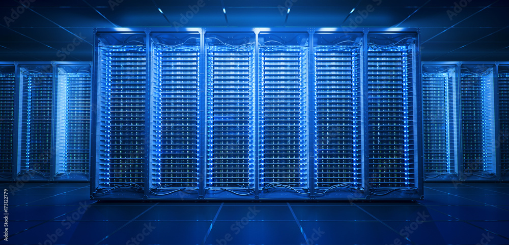 Poster server room in data center or server room data center. hosting services. 3d rendering