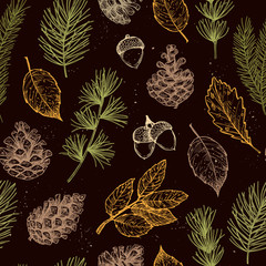Seamless pattern. Hand drawn vector illustrations - Forest Autumn collection. Spruce branches, pine cones, fall leaves. Design elements for invitations, greeting cards, quotes, blogs, posters, prints