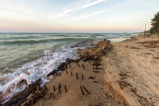 Historic Shipwreck On Great  Lakes Coast. Shipwreck of the ill fated wooden iron ore ship the Joseph S. Fay at Forty Mile Point on the coast of Lake Huron near Rogers City, Michigan.