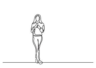 continuous line drawing of woman standing with smart phone