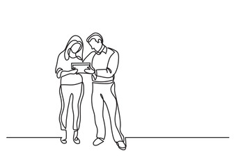 continuous line drawing of man and woman discussing work