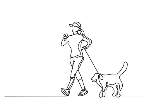 continuous line drawing of woman walking exercise with dog