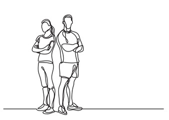 continuous line drawing of man and woman fitess instructors standing