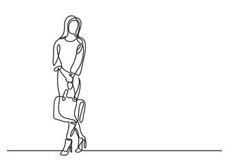 continuous line drawing of standing woman with handbag