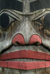 Alaskan Totem Pole Closeup. A detail view of an Alaskan Totem pole in southeast Alaska.