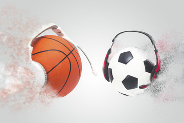 Basketball with football and headphones on a white backdrop.