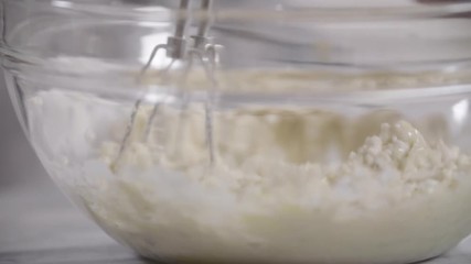 Baker uses mixer in bowl, close up