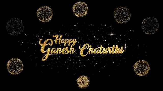Ganesh Chaturthi Beautiful golden greeting Text Appearance from blinking particles with golden fireworks background.
