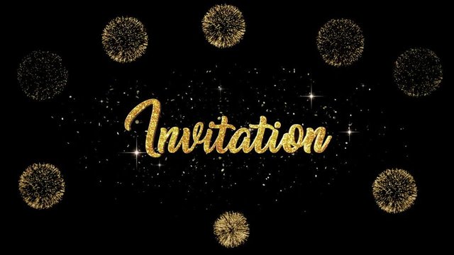  Invitation Beautiful golden greeting Text Appearance from blinking particles with golden fireworks background.
