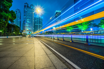 light trails in the downtown district, shanghai, china.