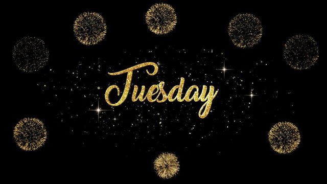 Thursday Beautiful golden greeting Text Appearance from blinking particles with golden fireworks background.
