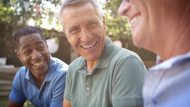 Mature Male Friends Socializing In Backyard Together 