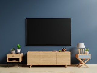 Smart TV on the blue wall in living room,3d rendering