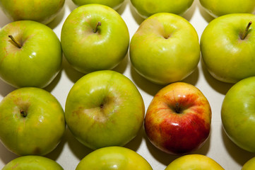 Red apple between green ones.