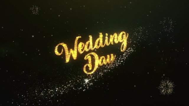 Wedding Day Greeting Text Made from Sparklers Light Dark Night Sky With Colorfull Firework
