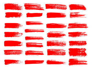 Painted grunge stripes set. Red  labels, background, paint texture. Brush strokes vector. Handmade design elements.