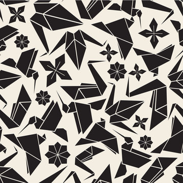 seamless  monochrome origami bird and flower pattern background