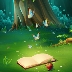 Obraz premium Ilustracja kreskówka wektor tle leśnej polanie z książką
