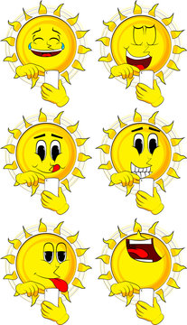 Cartoon sun using a mobile phone. Collection with happy faces. Expressions vector set.