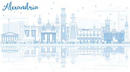 Obraz premium Outline Alexandria Skyline with Blue Buildings and Reflections.