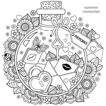 Coloring Book For Adults. A Glass Vessel With Memories Of Summer. A Bottle With Bees, Butterflies, Ladybug, Leaves And Letters Of Love With Kisses And Hearts