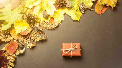 presents on the background of autumn leaves concept of autumn