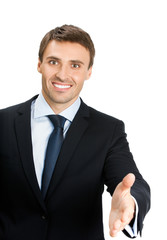 Businessman giving hand for handshake, isolated