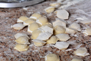 Preparing, cooking, making homemade ravioli, pelmeni or dumplings with meat