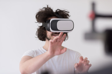 Man using headset of virtual reality