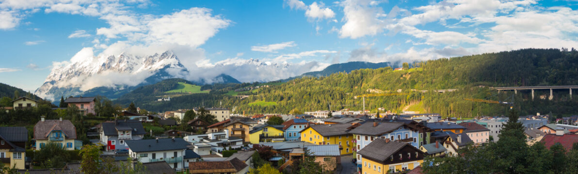 Bischofshofen, Pongau, Salzburger Land, Austria, landscape on the city and the alps. Fresh snow at the begin of Autumn