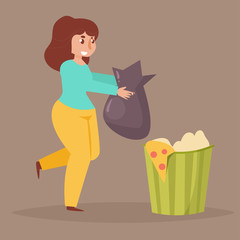 Woman throws garbage in the trash.