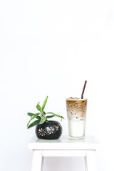 Iced coffee latte with white background 