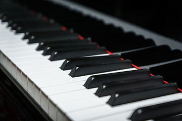 Piano keys on black classical grand piano - closeup for music production and recording