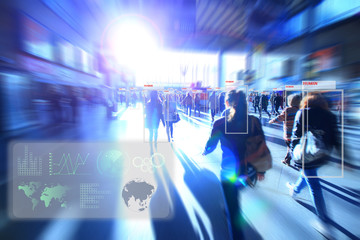 technology of machine or robot  Learning analytics identify human technology , Software  analytics and recognition people in city with flare light effect ,Artificial intelligence concept.