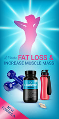 Fat loss L-Carnitine ads. Vector realistic illustration of cans with capsules and shaker.