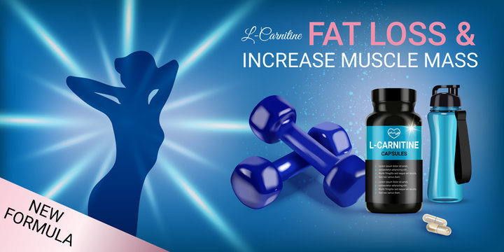 Fat loss L-Carnitine ads. Vector realistic illustration of cans with capsules and shaker.