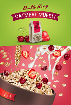 Oatmeal muesli ads. Vector realistic illustration of oatmeal muesli with double berry.