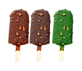 Ice cream covered with chocolate and almonds (clipping path)