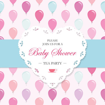 Baby shower invitation card template. Included seamless pattern with balloons in pastel colors.