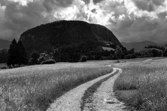 Black and white photo of the grass field and curving car road going in the direction of mountains under the cloudy sky Europe EU Slovenia 