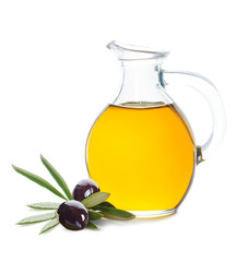 Black Olive, Green Leaves and Glass Bottle of Organic Olive Oil on White Background