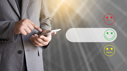 business man and woman select happy on satisfaction evaluation? And good mood smiley and evaluate