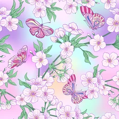Tuinposter Seamless pattern with Japanese blossom sakura and butterflies. V © Elen  Lane