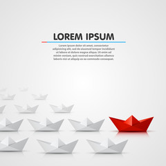 Leader paper boat different, red object. Vector illustration