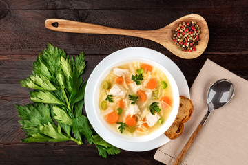 Chicken soup with noodles, overhead photo with copyspace