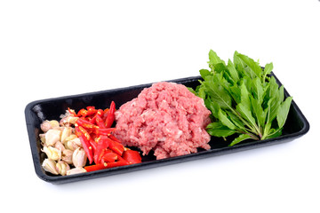 Raw material pork fried basil spicy menu of Thai food. Minced beef meat/Chilli/Basil/garlic.